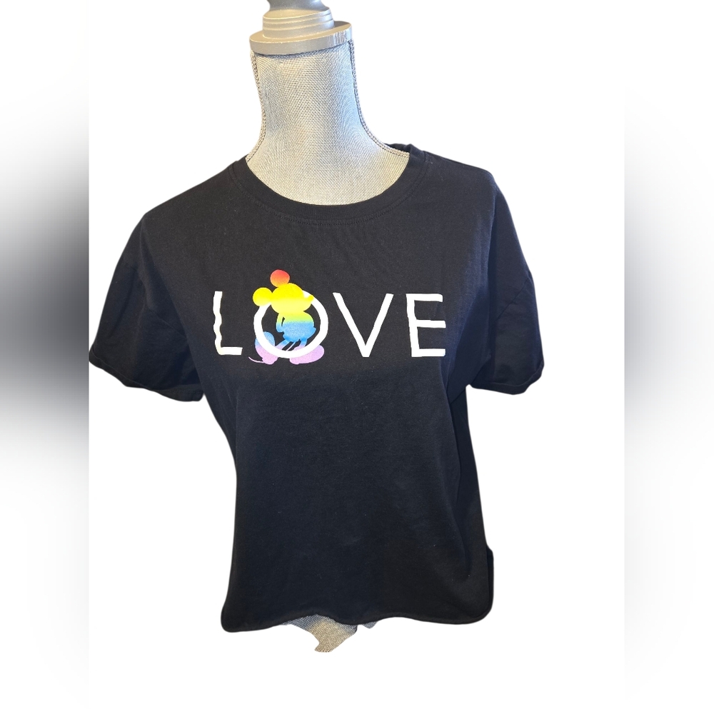 Disney Mickey Mouse 100% Unisex Cotton Crop Love Rainbow Black Tshirt Size XL